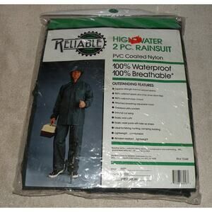 Vtg Reliable Men’s Large Zipper PVC Coated Nylon Rain Suit Jacket Pant Green NWT